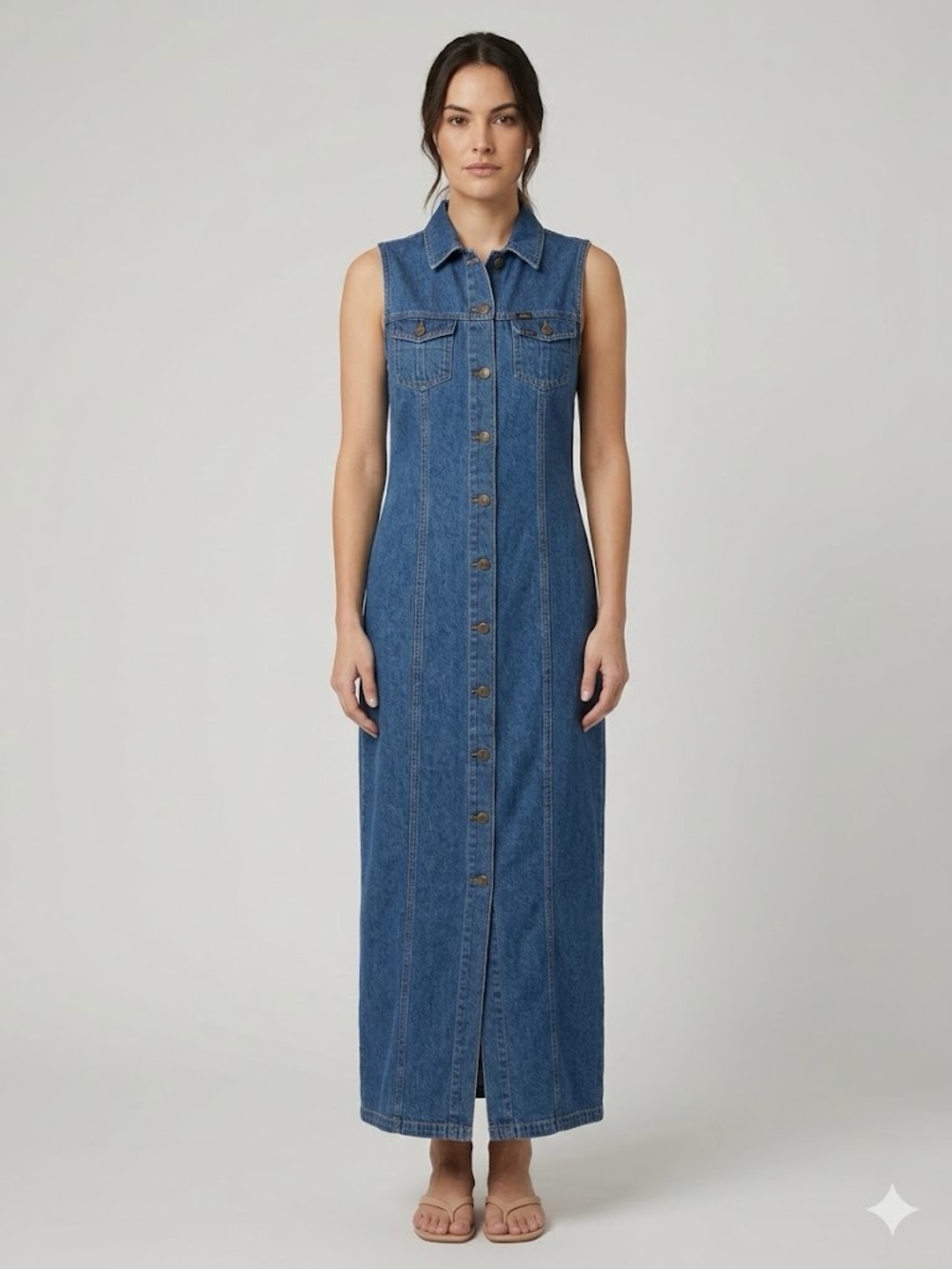 Vintage Denim Midi Button-Down Dress | Sleeveless Jean Dress